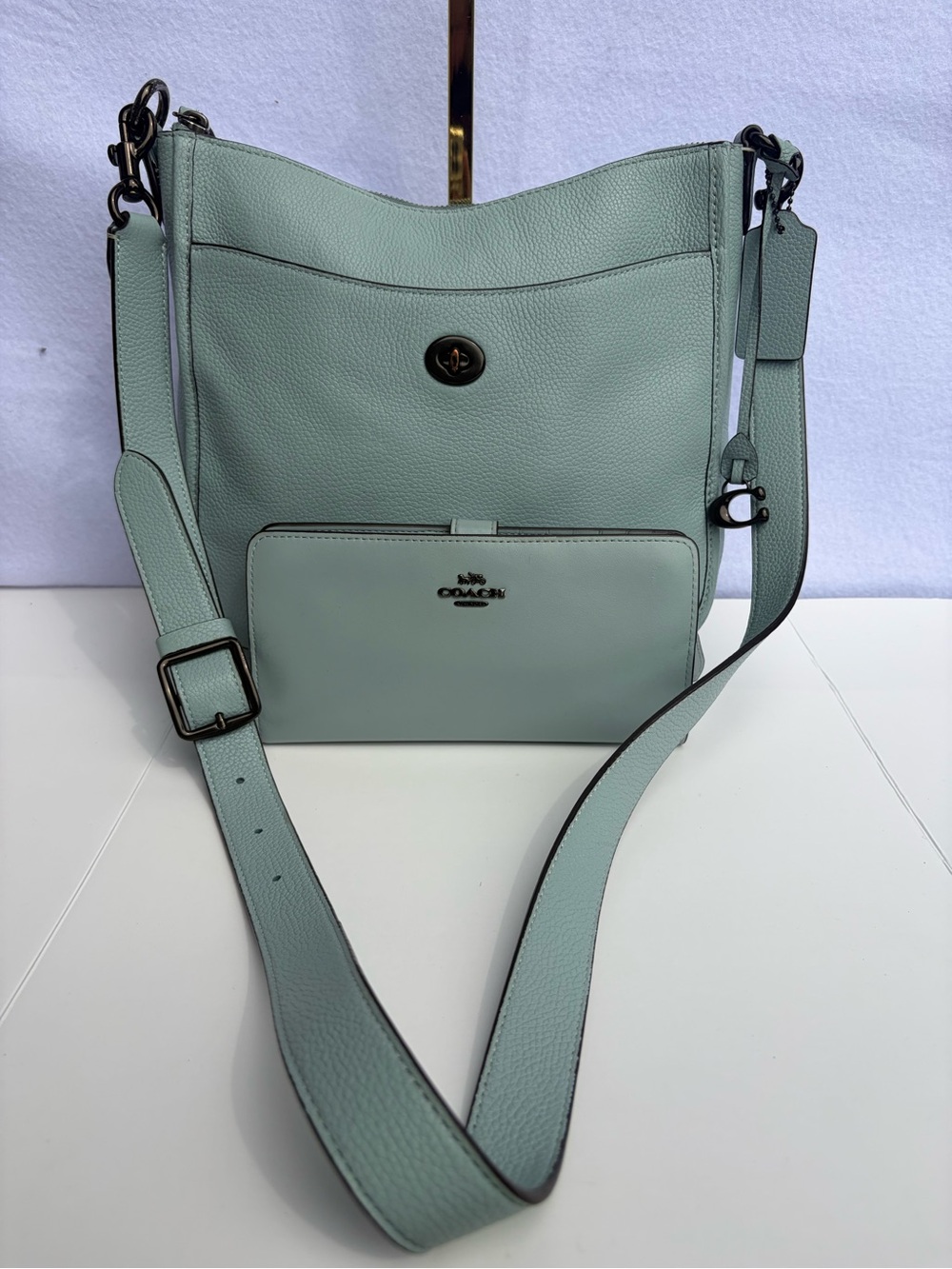 Aqua Coach Chaise Crossbody Bag and Matching Wallet